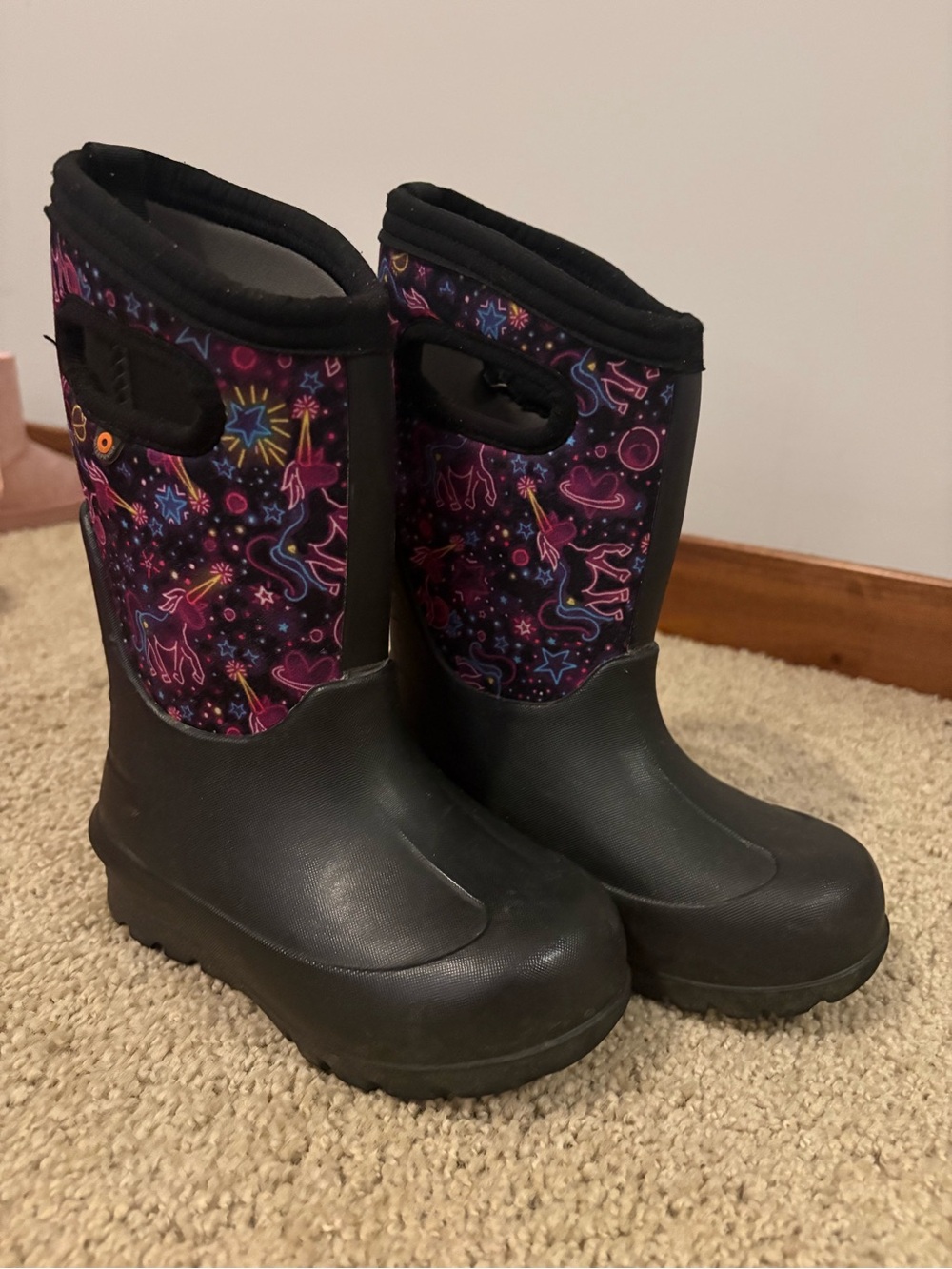 Bogs Black and Purple Unicorn Print Kids Waterproof Boots
